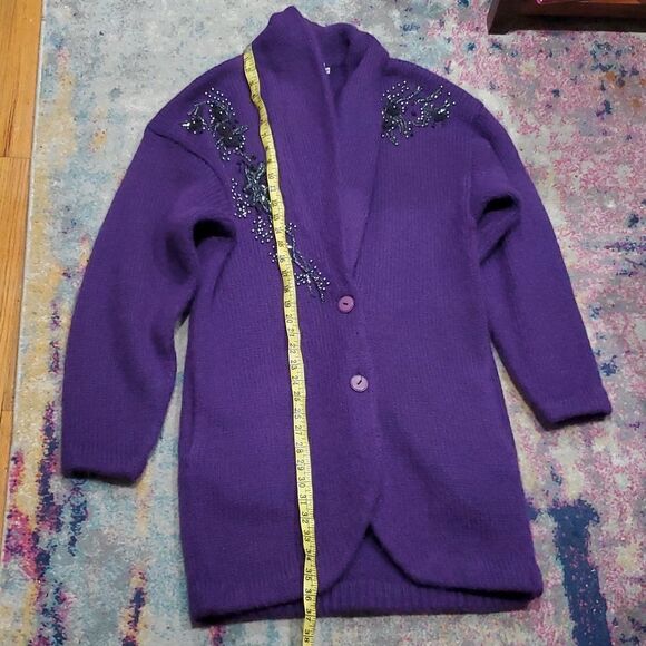 Vintage Cervlle Wool Cardogan Dister with Beading & Rose's in Purple Size M - Picture 12 of 15